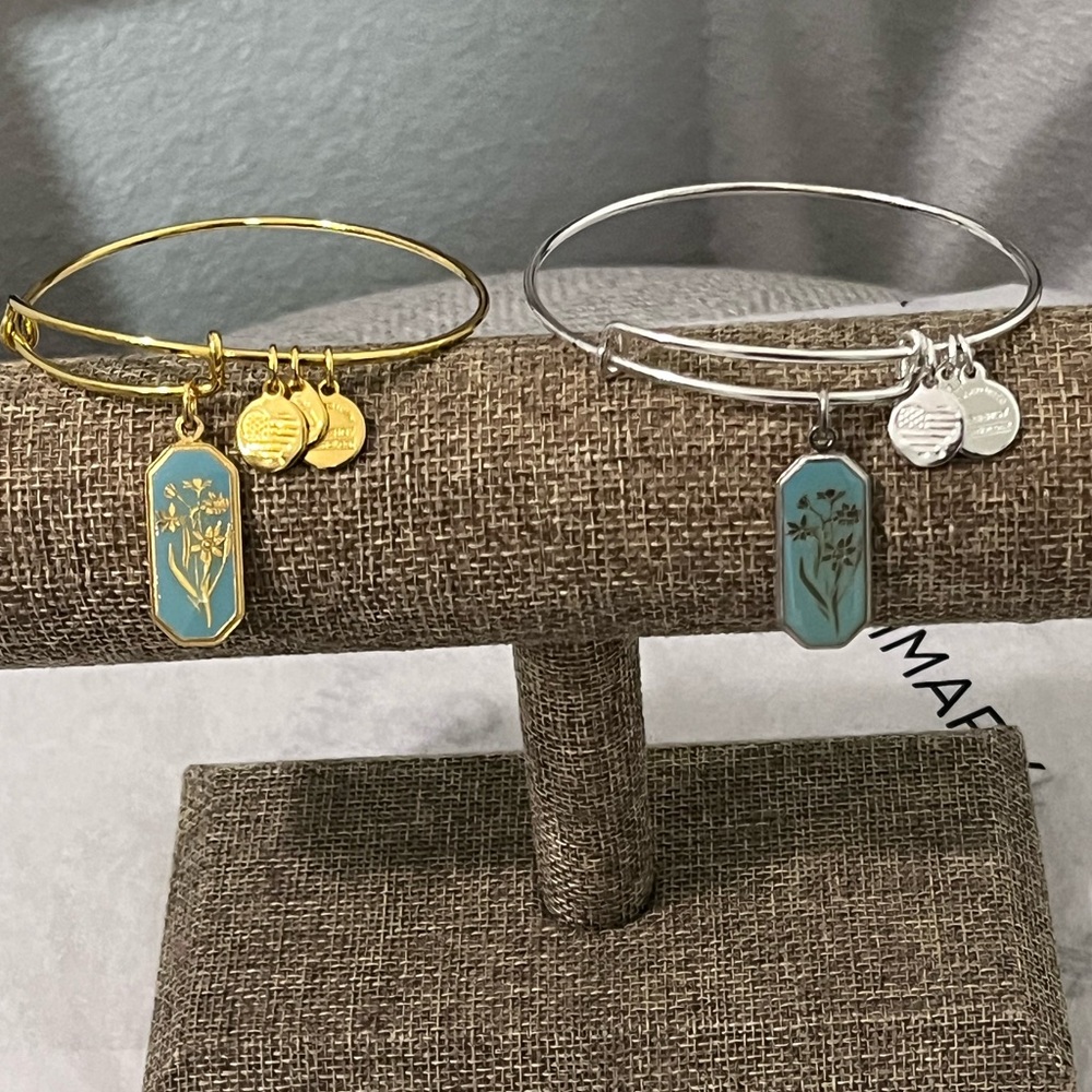 ALEX & ANI PRE-LOVED TWO AUTHENTIC JONQUIL FLOWER SILVER & GOLD BANGLE BRACELETS